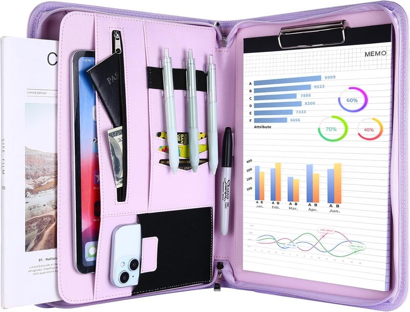 Procase Portfolio Business Padfolio Folder with Zipper, Conference Meeting Executive File Legal Document Organizer with Pockets Letter Size A4 Writing Pad Notepad Padfolio -Purple - Image 1
