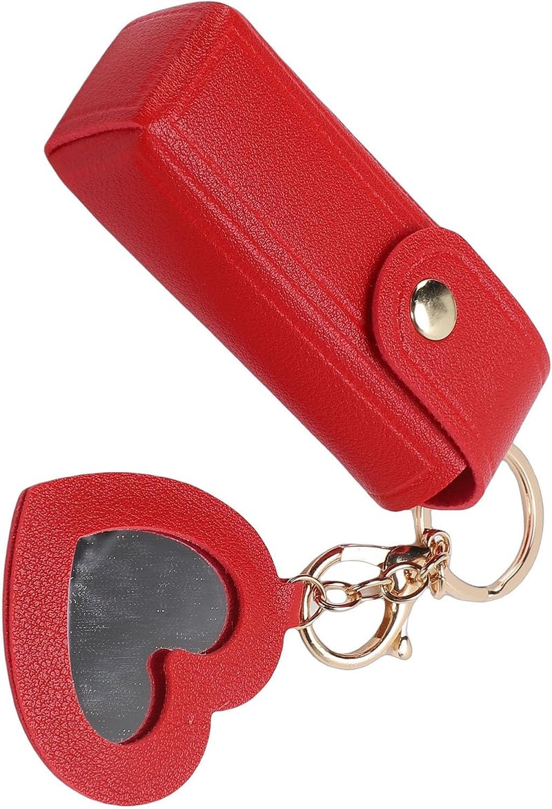 LiebeWH PU Leather Lipstick Case with Mirror, Portable Holder Keychain for Women, Ideal Christmas (Red) - Image 2