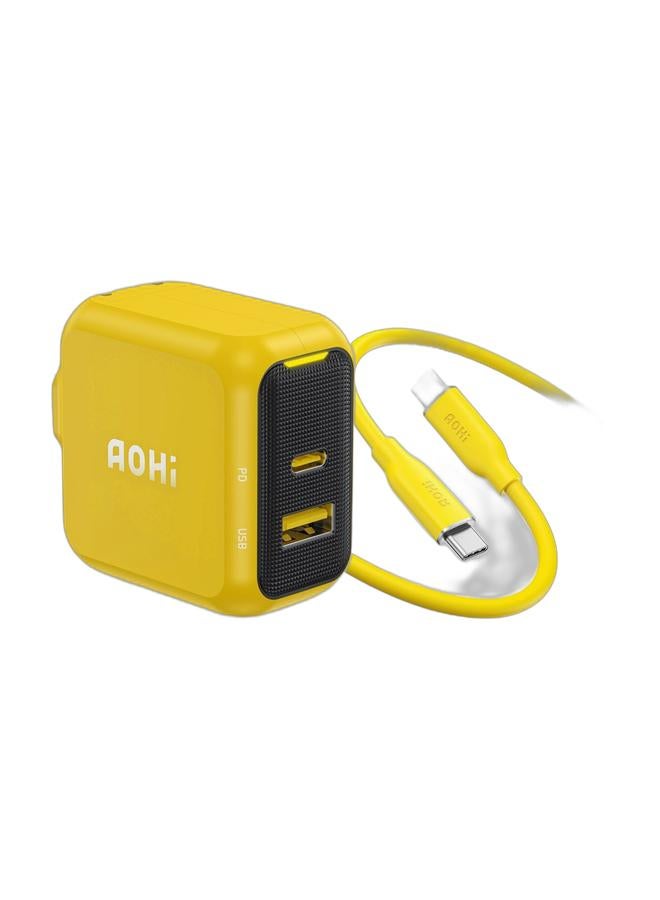 AOHI Magcube 67W USB-C Fast Charger GaN+ Dual-Port – UK Plug, PD Charger for MacBook, iPad, iPhone, Samsung Galaxy, USB-C Laptops, Tablets, Smartphones – Compact, High-Speed, Safe Charging (Yellow/Black) & AOHI 140W USB-C to USB-C Cable, PD 3.1 Type-C Fast Charging, 1 m Silky Cable, Compatible with iPhone 17 Pro Max, Galaxy, MacBook Pro/Air, iPad Pro/Air, Pixel and More (Yellow)Bundle - Image 1