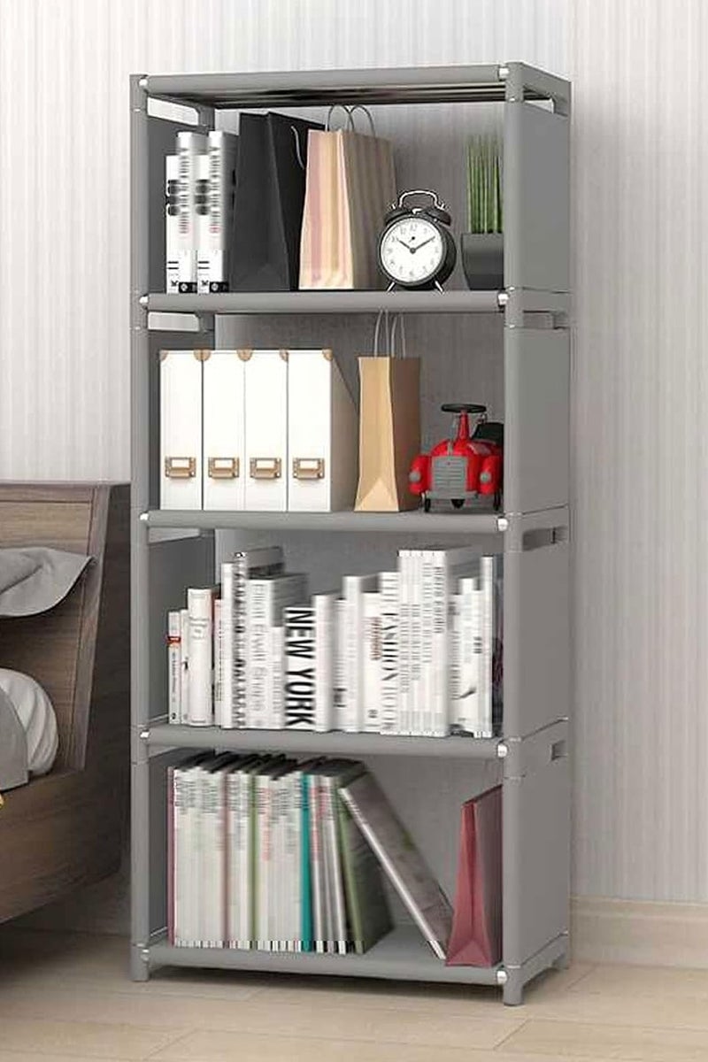 BLOOMING TIME 4-Tier Grey Cube Storage Shelf Organizer - Metal & Fabric DIY Bookcase for Living Room, Bedroom, Kids Room - Image 1