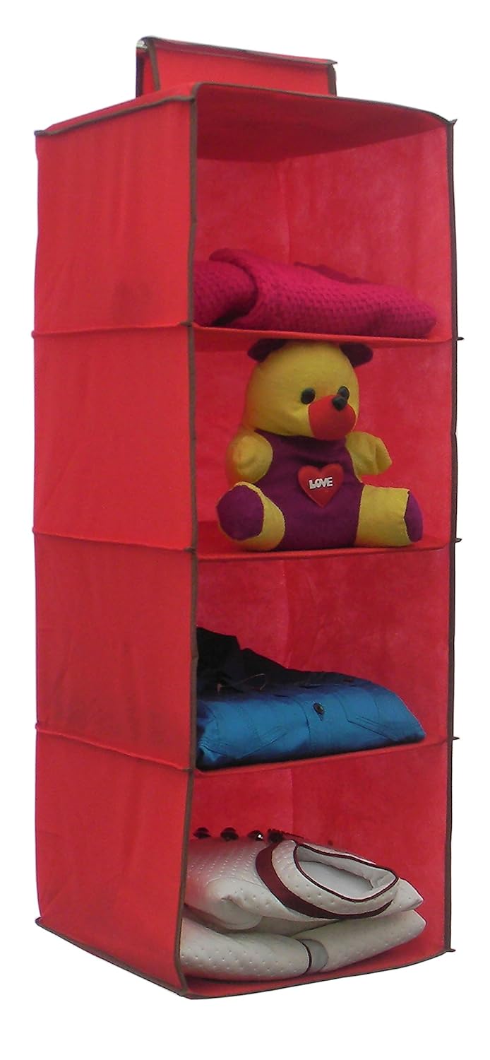 Homecute Hanging Storage WardrobeCloset Storage Organizer 4 LayerNonWoven Fabric Plywood and Paper Board30 X 30 X 80 cmsRed - Image 3