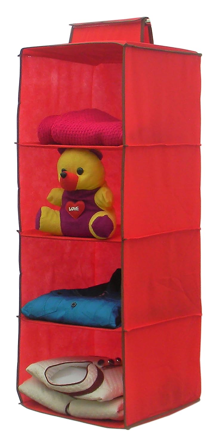 Homecute Hanging Storage WardrobeCloset Storage Organizer 4 LayerNonWoven Fabric Plywood and Paper Board30 X 30 X 80 cmsRed - Image 1