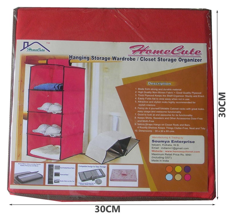Homecute Hanging Storage WardrobeCloset Storage Organizer 4 LayerNonWoven Fabric Plywood and Paper Board30 X 30 X 80 cmsRed - Image 5