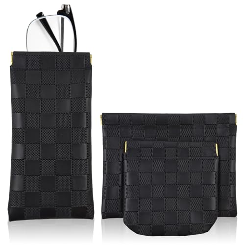 PENGJINYU 3PCS Small Makeup Bag for Women, Mini Cosmetic Bags Leather Pocket Pouch Purse,Snap Closure Waterproof Portable Bag,Checkered Storage Travel Bag for Lipstick Change Glasses Coin Cards (Black) - Image 1