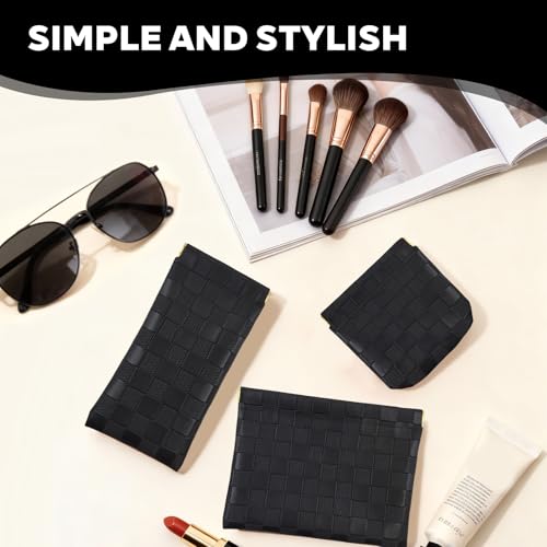 PENGJINYU 3PCS Small Makeup Bag for Women, Mini Cosmetic Bags Leather Pocket Pouch Purse,Snap Closure Waterproof Portable Bag,Checkered Storage Travel Bag for Lipstick Change Glasses Coin Cards (Black) - Image 4