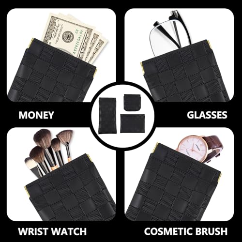 PENGJINYU 3PCS Small Makeup Bag for Women, Mini Cosmetic Bags Leather Pocket Pouch Purse,Snap Closure Waterproof Portable Bag,Checkered Storage Travel Bag for Lipstick Change Glasses Coin Cards (Black) - Image 3
