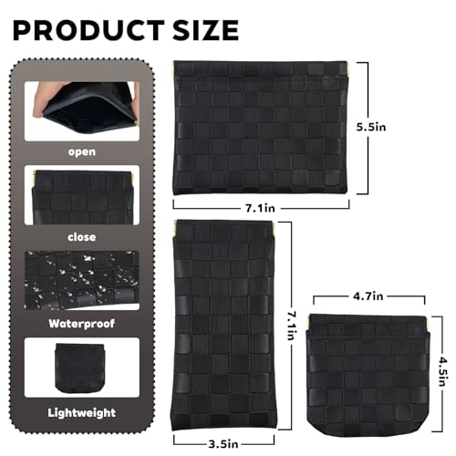 PENGJINYU 3PCS Small Makeup Bag for Women, Mini Cosmetic Bags Leather Pocket Pouch Purse,Snap Closure Waterproof Portable Bag,Checkered Storage Travel Bag for Lipstick Change Glasses Coin Cards (Black) - Image 2