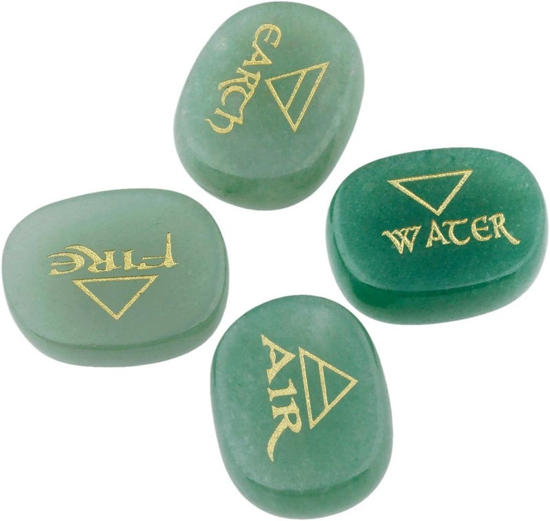 Rockcloud Healing Crystal 4pcs Engraved Triangle Symbol Stones Palm Stones Reiki Balancing,Green Aventurine