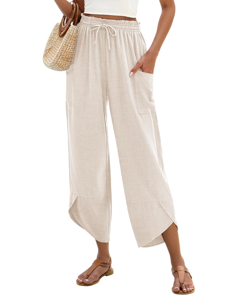 LOMON Womens Palazzo Pants Casual Drawstring Flowy Pants Wide Leg Summer Beach Linen Trousers with Pockets (Apricot,M) - Image 2