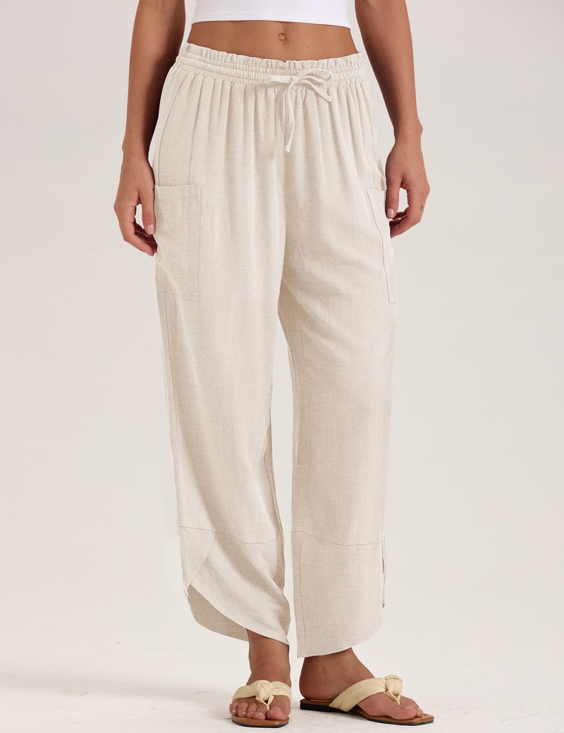 LOMON Womens Palazzo Pants Casual Drawstring Flowy Pants Wide Leg Summer Beach Linen Trousers with Pockets (Apricot,M) - Image 4