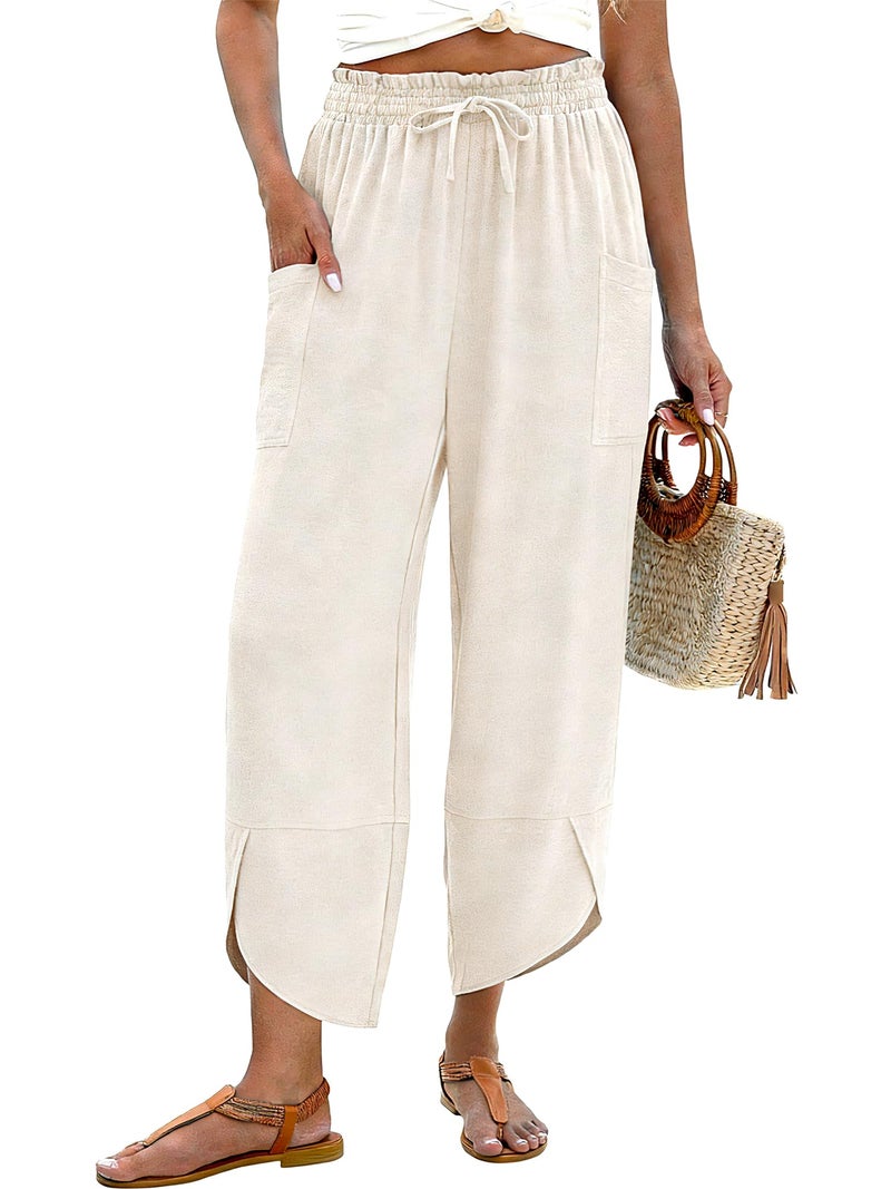 LOMON Womens Palazzo Pants Casual Drawstring Flowy Pants Wide Leg Summer Beach Linen Trousers with Pockets (Apricot,M) - Image 1
