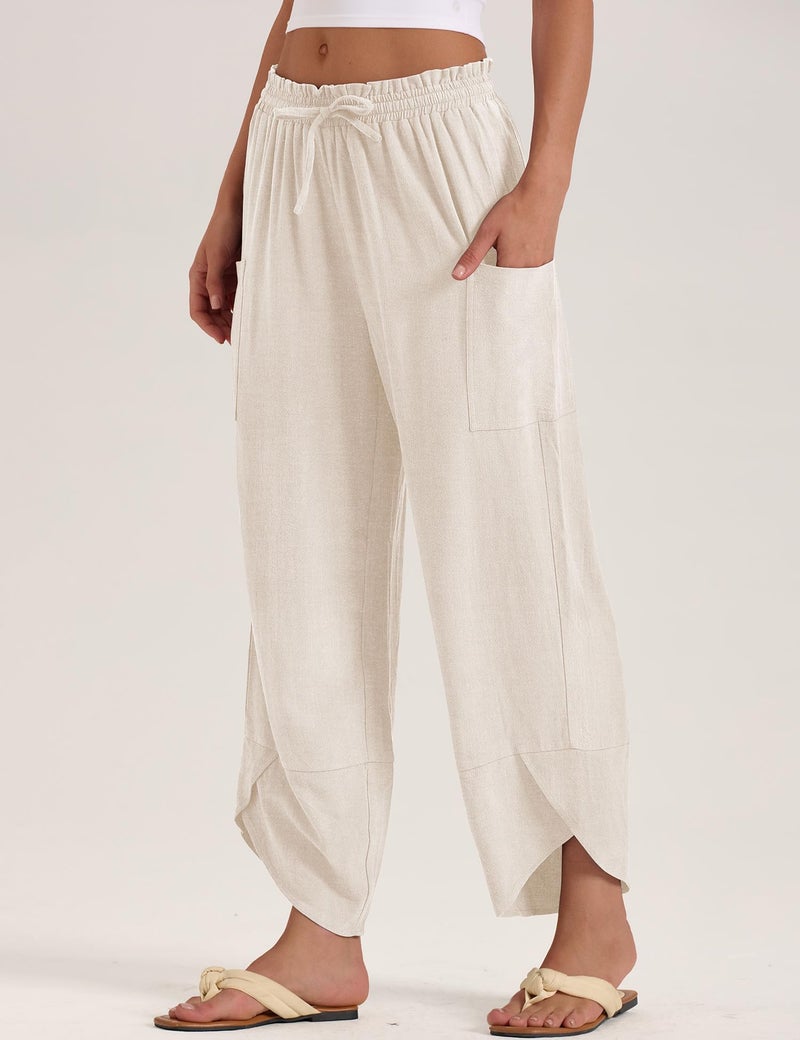 LOMON Womens Palazzo Pants Casual Drawstring Flowy Pants Wide Leg Summer Beach Linen Trousers with Pockets (Apricot,M) - Image 5