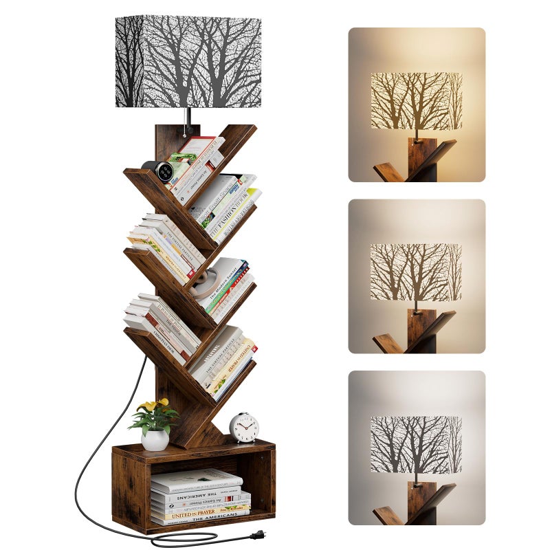 Evermagin Tree Bookshelf with Light, 6 Tier Small Bookcase, Narrow Floor Standing Book Tower Organizer with Storage Cabinet for Living Room, Bedroom and Home Office, Rustic Brown - Image 1