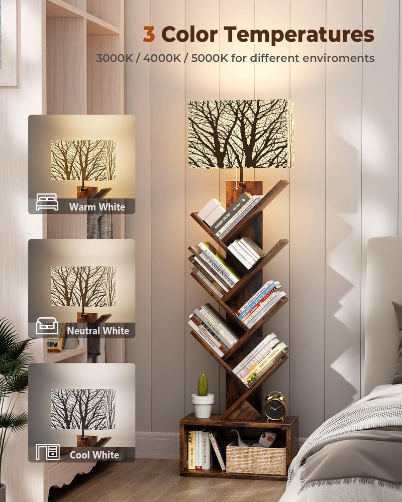 Evermagin Tree Bookshelf with Light, 6 Tier Small Bookcase, Narrow Floor Standing Book Tower Organizer with Storage Cabinet for Living Room, Bedroom and Home Office, Rustic Brown - Image 3