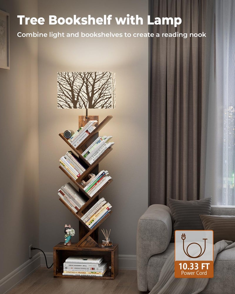 Evermagin Tree Bookshelf with Light, 6 Tier Small Bookcase, Narrow Floor Standing Book Tower Organizer with Storage Cabinet for Living Room, Bedroom and Home Office, Rustic Brown - Image 2