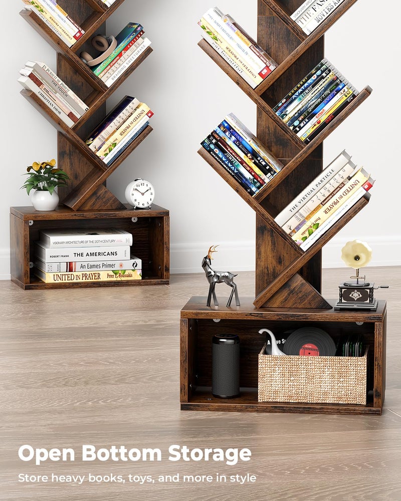 Evermagin Tree Bookshelf with Light, 6 Tier Small Bookcase, Narrow Floor Standing Book Tower Organizer with Storage Cabinet for Living Room, Bedroom and Home Office, Rustic Brown - Image 4