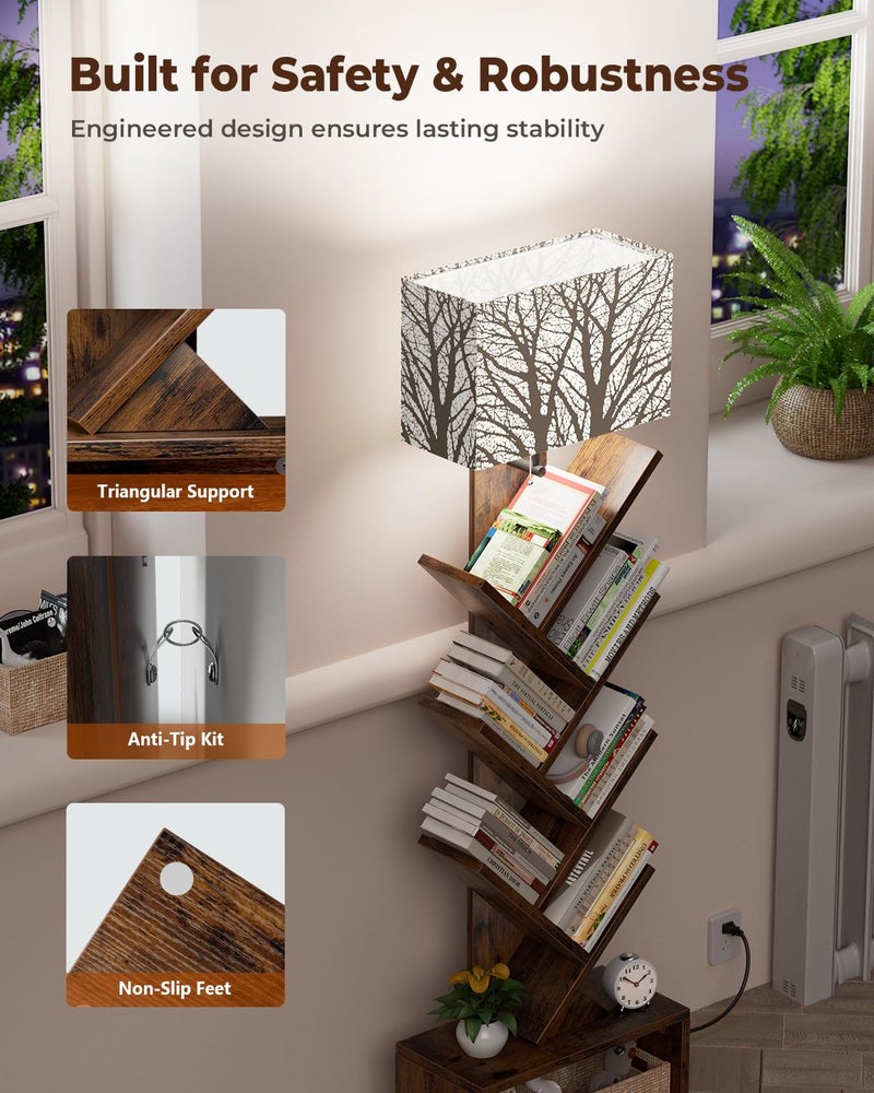 Evermagin Tree Bookshelf with Light, 6 Tier Small Bookcase, Narrow Floor Standing Book Tower Organizer with Storage Cabinet for Living Room, Bedroom and Home Office, Rustic Brown - Image 5