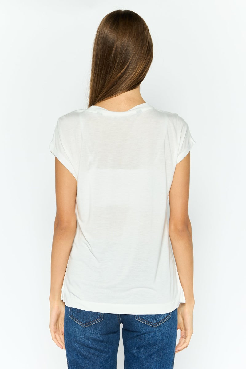 ESPRIT بلوزة نسائية بياقة دائرية وأكمام قصيرة بتصميم محكم، بيضاء - Image 4