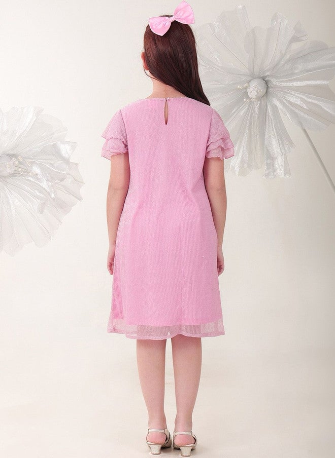 BONKIDS Pink Satin Fit & Flare Dress with Flutter Sleeves - Image 3