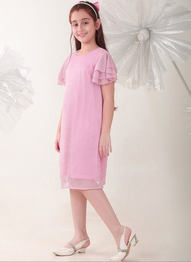 BONKIDS Pink Satin Fit & Flare Dress with Flutter Sleeves - Image 4
