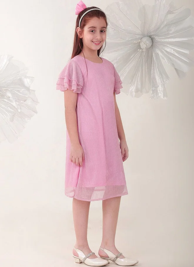 بونكيدز BONKIDS Pink Satin Fit & Flare Dress with Flutter Sleeves