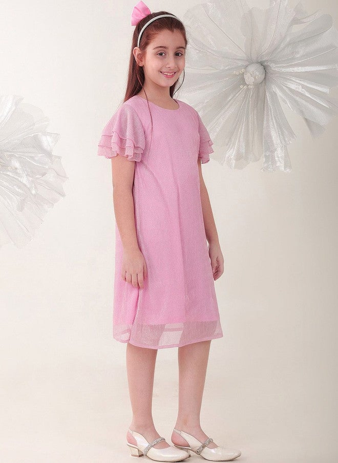 BONKIDS Pink Satin Fit & Flare Dress with Flutter Sleeves - Image 2