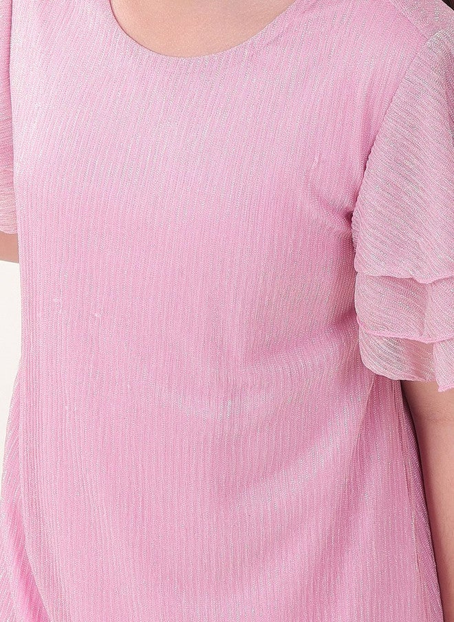 BONKIDS Pink Satin Fit & Flare Dress with Flutter Sleeves - Image 5