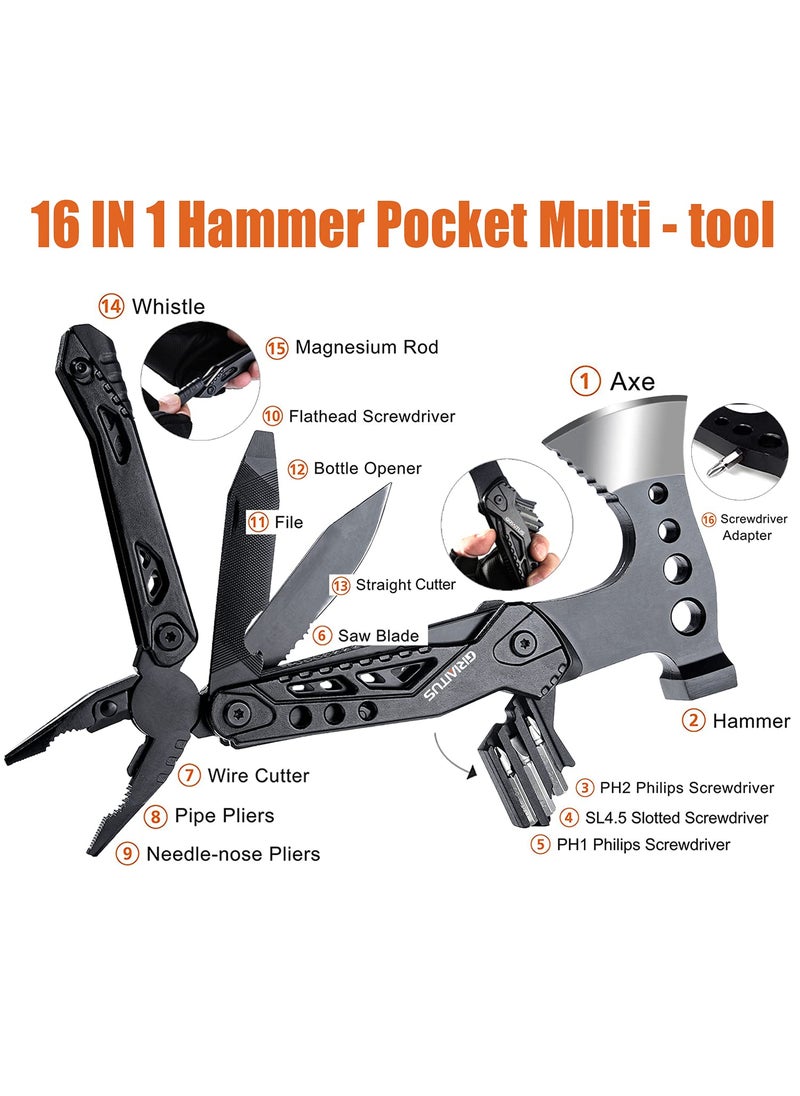 GIRIAITUS Camping Multitool Accessories Gifts for Men Dad 16 in 1 Upgraded Multi Tool Survival Gear with Axe Hammer Pliers Saw Screwdrivers Bottle Opener Whistle & Portable Sheath For Hiking,Fishing  - Image 2