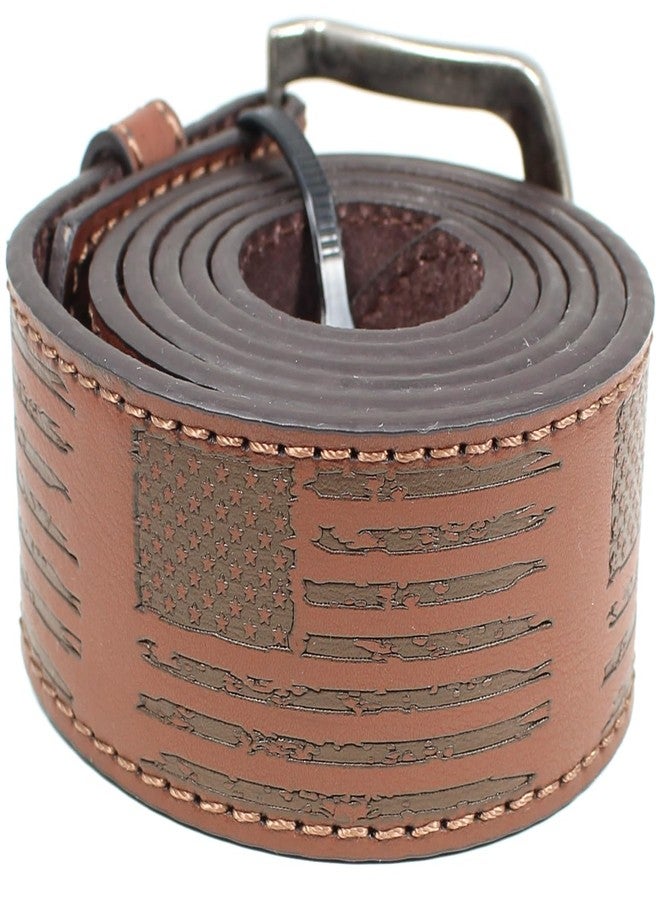 BC Belts American Distressed Flag Leather Belt Strap and Metal Buckle 1.5" Wide with Snaps - USA Patriotic Stars and Stripes America Military (Brown-L) - Image 1