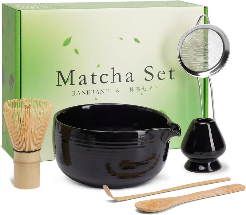 RANERANE Matcha Whisk Set, Ceramic Matcha Set Includes Matcha Bowl, Matcha Whisk (Chasen) and Holder, Sifter, Bamboo Scoop & Spoon - 6 Pcs Matcha Kit for Matcha Lovers Black - Image 1