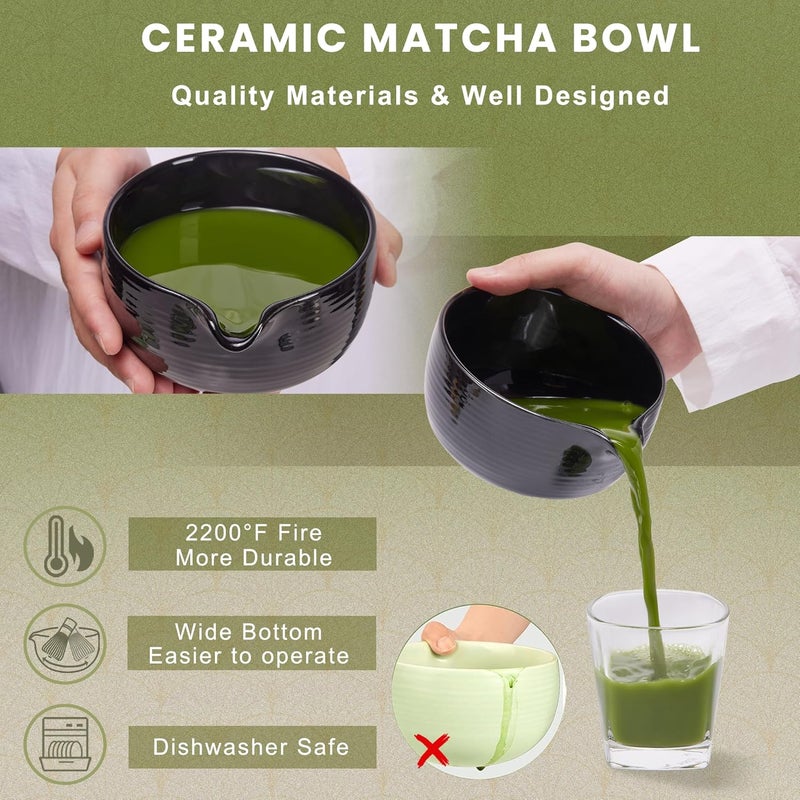 RANERANE Matcha Whisk Set, Ceramic Matcha Set Includes Matcha Bowl, Matcha Whisk (Chasen) and Holder, Sifter, Bamboo Scoop & Spoon - 6 Pcs Matcha Kit for Matcha Lovers Black - Image 3