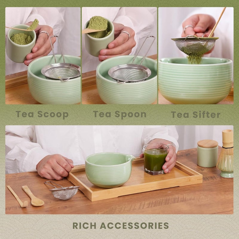 RANERANE Matcha Whisk Set, Ceramic Matcha Set Includes Matcha Bowl, Matcha Whisk (Chasen) and Holder, Sifter, Bamboo Scoop & Spoon - 6 Pcs Matcha Kit for Matcha Lovers Black - Image 5
