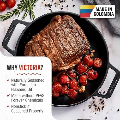 Victoria Cast Iron Round Grill Pan with Double Loop Handles, Made in Colombia, 10 Inches - Image 2
