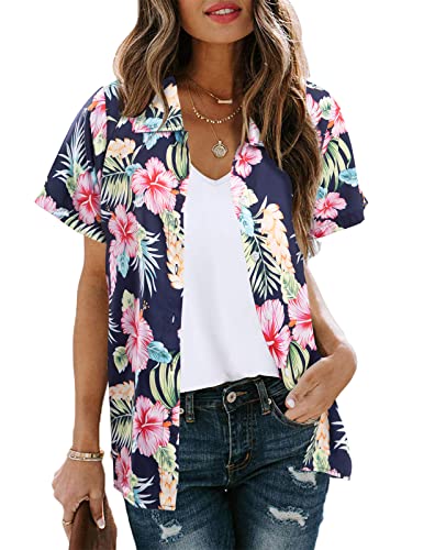 MYHALF Women Hawaiian Shirt Soft Cool Summer Hawaii Shirts Floral Tropic Print V Neck T-Shirt Short Sleeve Button Up Tops - Image 2