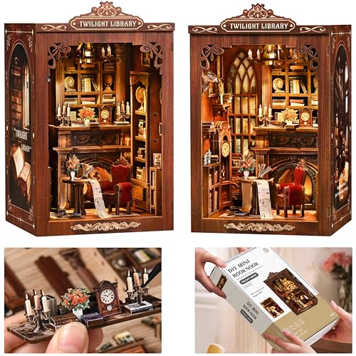 ISSEVE Book Nook Kit DIY Miniature House Kit for Adults Teen Beginners Dollhouse Mini Booknook Kits Tiny House Bookshelf Decoration 3D Wooden Puzzles Crafts Gifts Twilight Library - Image 1
