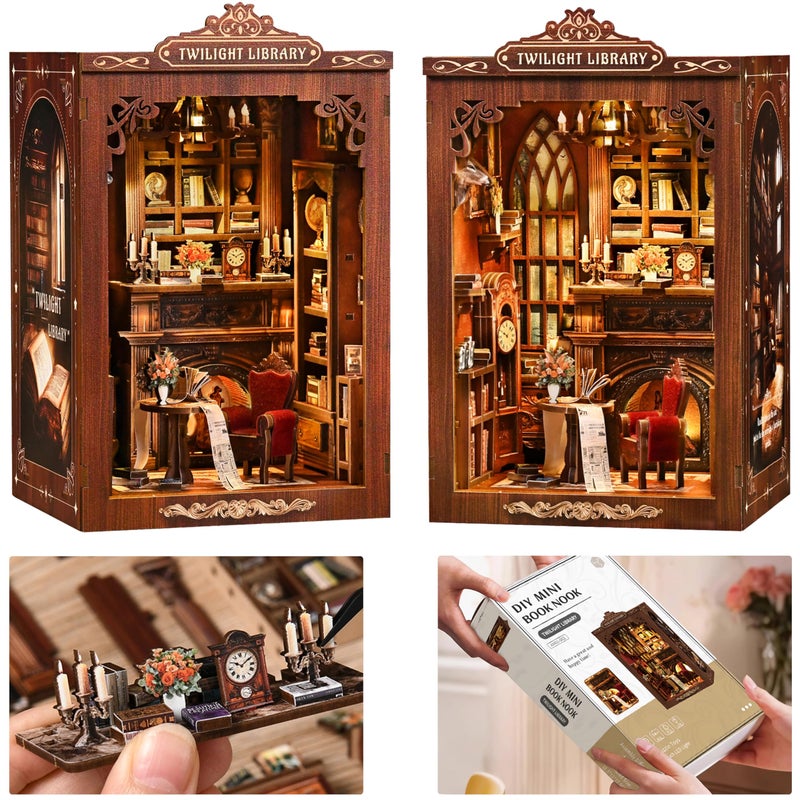 ISSEVE Book Nook Kit DIY Miniature House Kit for Adults Teen Beginners Dollhouse Mini Booknook Kits Tiny House Bookshelf Decoration 3D Wooden Puzzles Crafts Gifts Twilight Library - Image 3