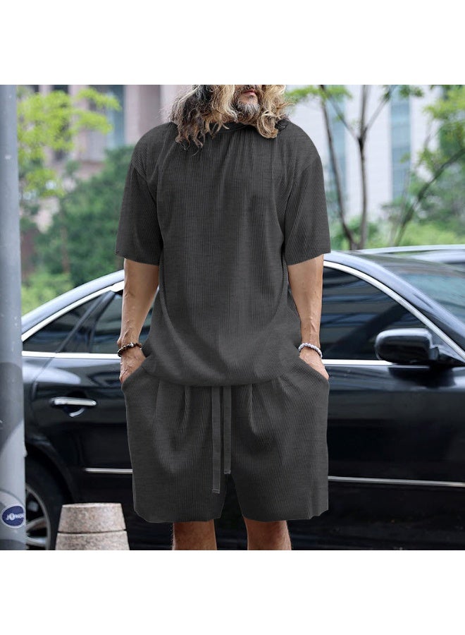 Loose Fit Short Sleeve Summer Menswear Pure Color Casual Set Thin Material Comfortable Breathable Male Model Clothing Set - Image 1