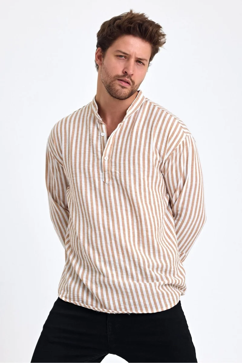 Cool Tarz Cool Style Striped Mandarin Collar Linen Three Button Men's Shirt