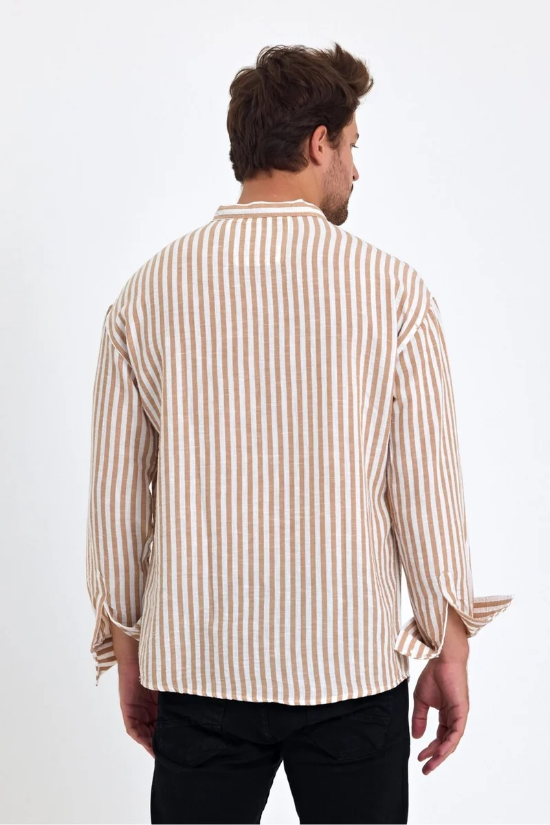 Cool Tarz Cool Style Striped Mandarin Collar Linen Three Button Men's Shirt