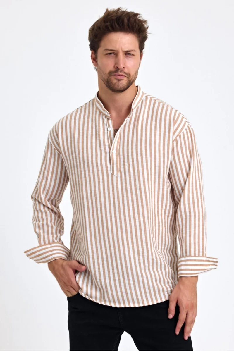 Cool Tarz Cool Style Striped Mandarin Collar Linen Three Button Men's Shirt
