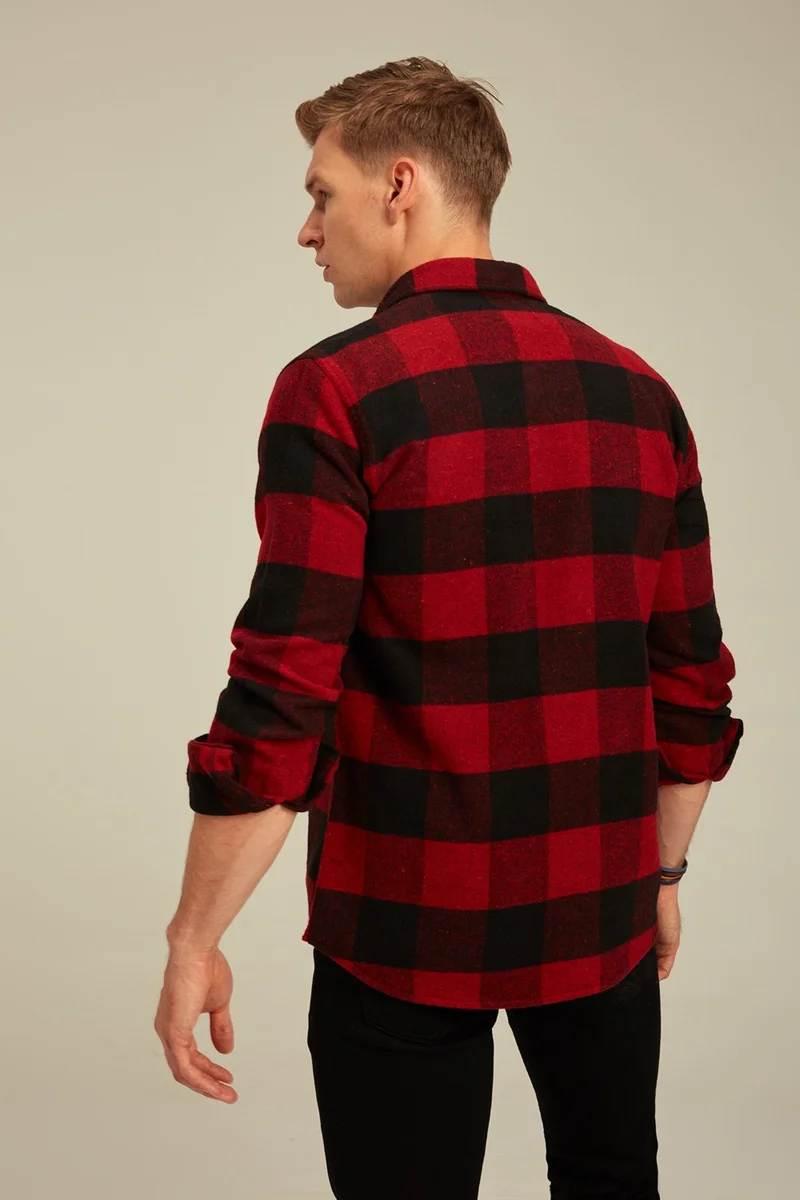 Cool Tarz Cool Style Red Men's Slim Fit Button-down Collar Double Pocket Lumberjack Plaid Shirt