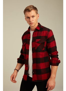 Cool Tarz Cool Style Red Men's Slim Fit Button-down Collar Double Pocket Lumberjack Plaid Shirt  - Image 1