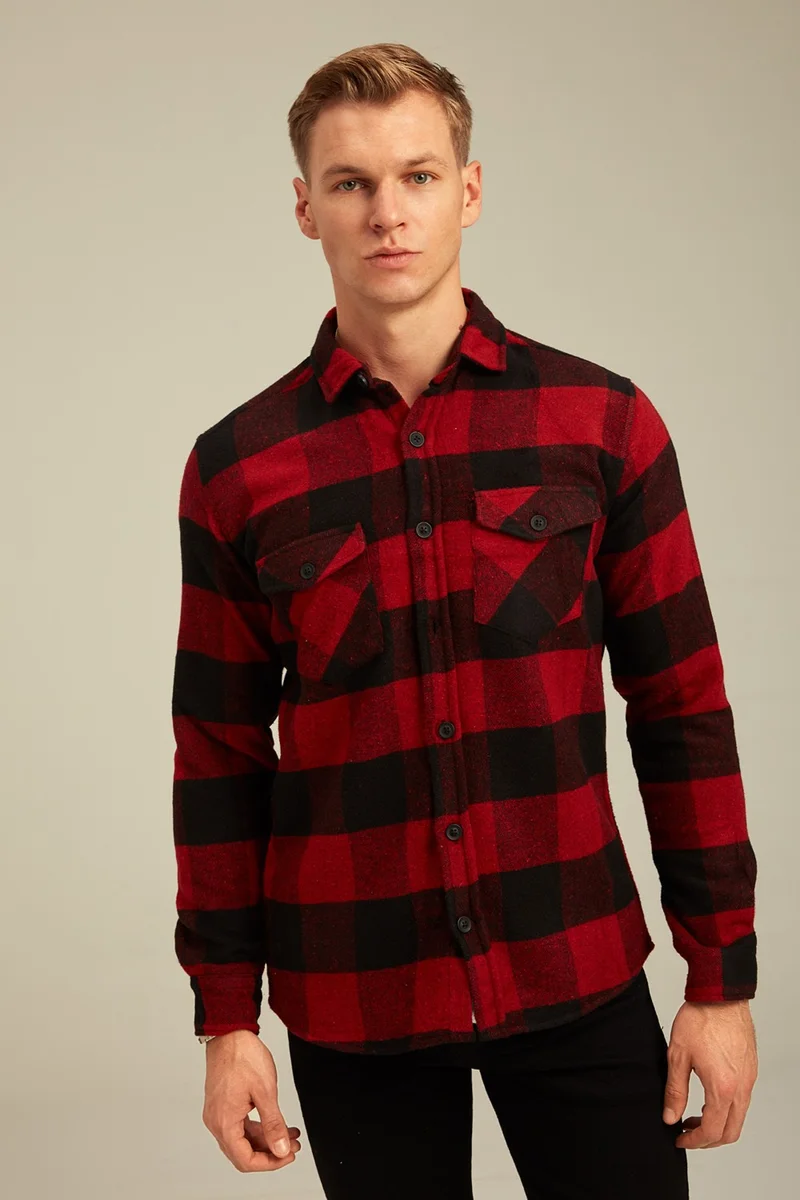 Cool Tarz Cool Style Red Men's Slim Fit Button-down Collar Double Pocket Lumberjack Plaid Shirt