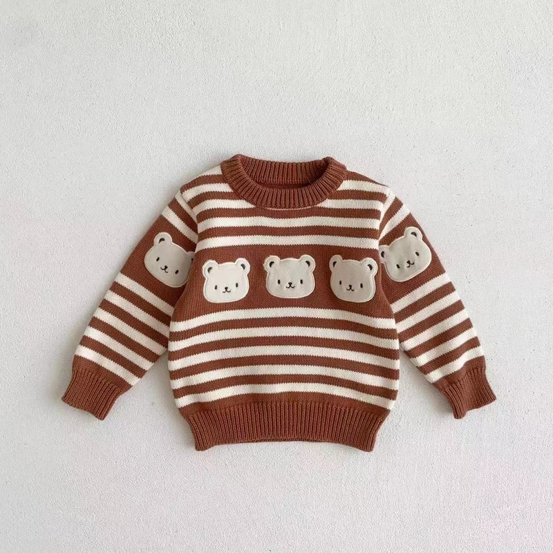 Infant Cartoon Stripe Knit Sweater Set Brown Sweatshirt  - Image 1