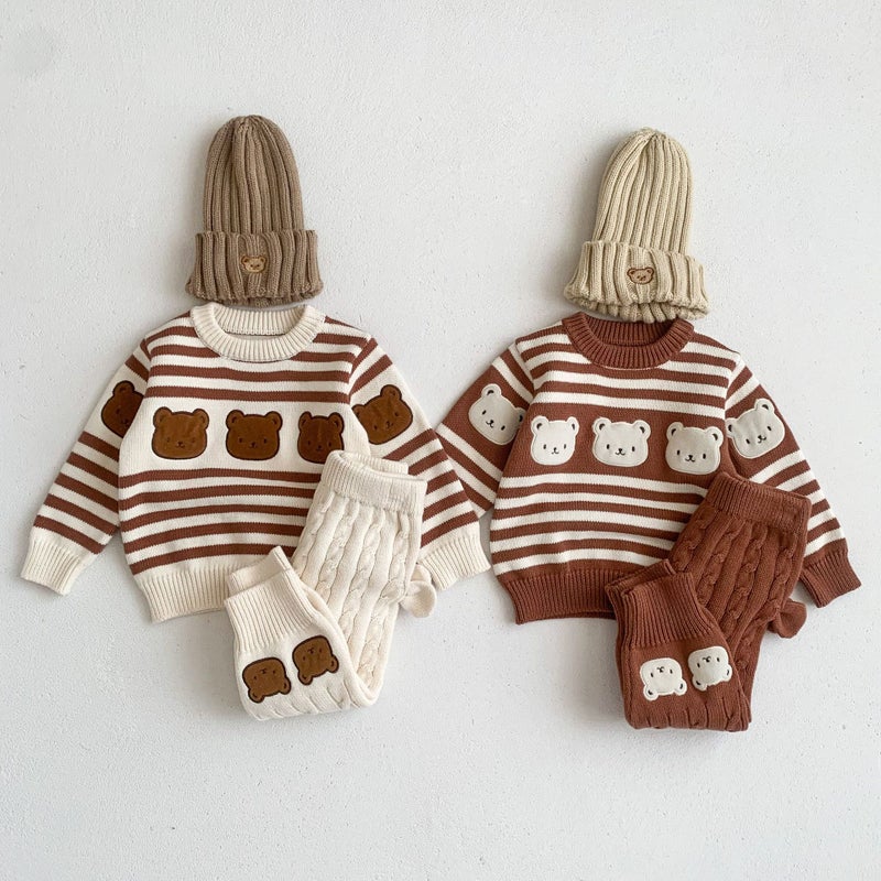 Infant Cartoon Stripe Knit Sweater Set Brown Sweatshirt  - Image 3
