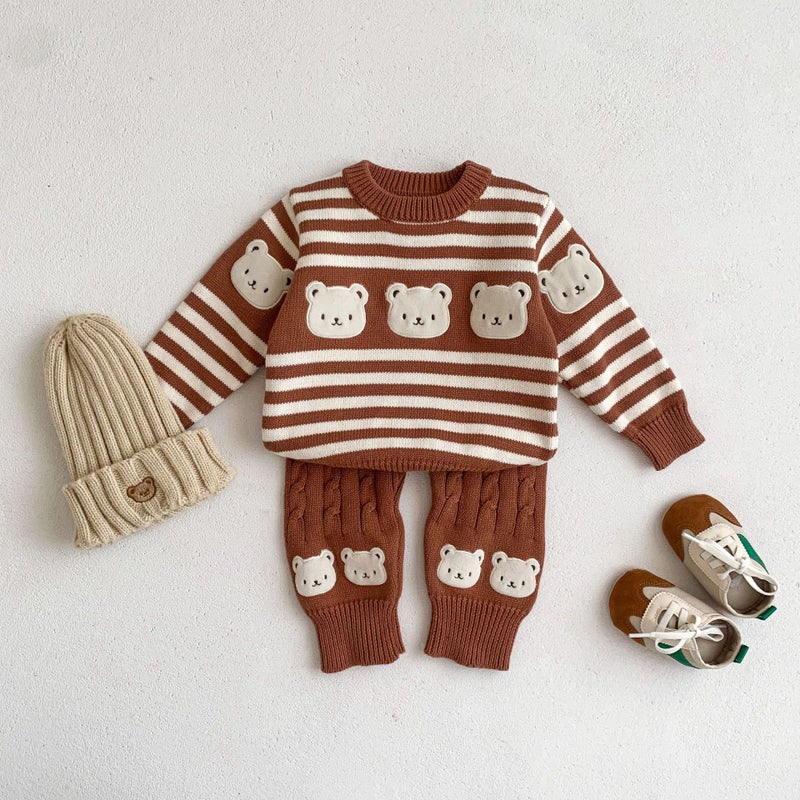 Infant Cartoon Stripe Knit Sweater Set Brown Sweatshirt  - Image 4