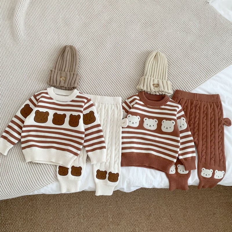 Infant Cartoon Stripe Knit Sweater Set Brown Sweatshirt  - Image 5