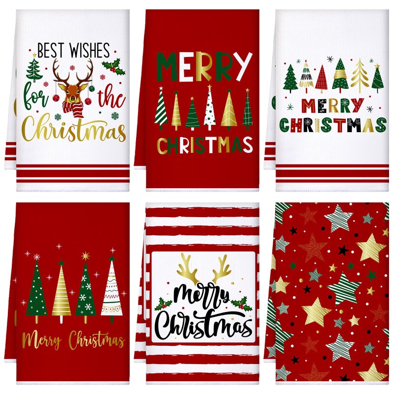 Geyoga 6 Pcs Christmas Kitchen Towels 16 x 24 Inch Vintage Xmas Hand Towels Santa Elk Snowman Decor Candy Dish Towel Absorbent Winter Tea Bedroom Decoration GiftsElegantJoyous - Image 2