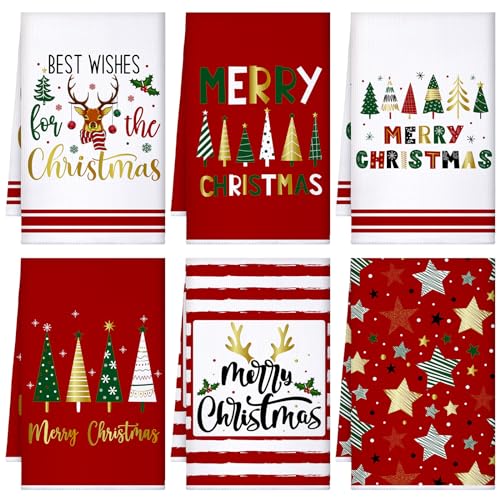 Geyoga 6 Pcs Christmas Kitchen Towels 16 x 24 Inch Vintage Xmas Hand Towels Santa Elk Snowman Decor Candy Dish Towel Absorbent Winter Tea Bedroom Decoration GiftsElegantJoyous - Image 1