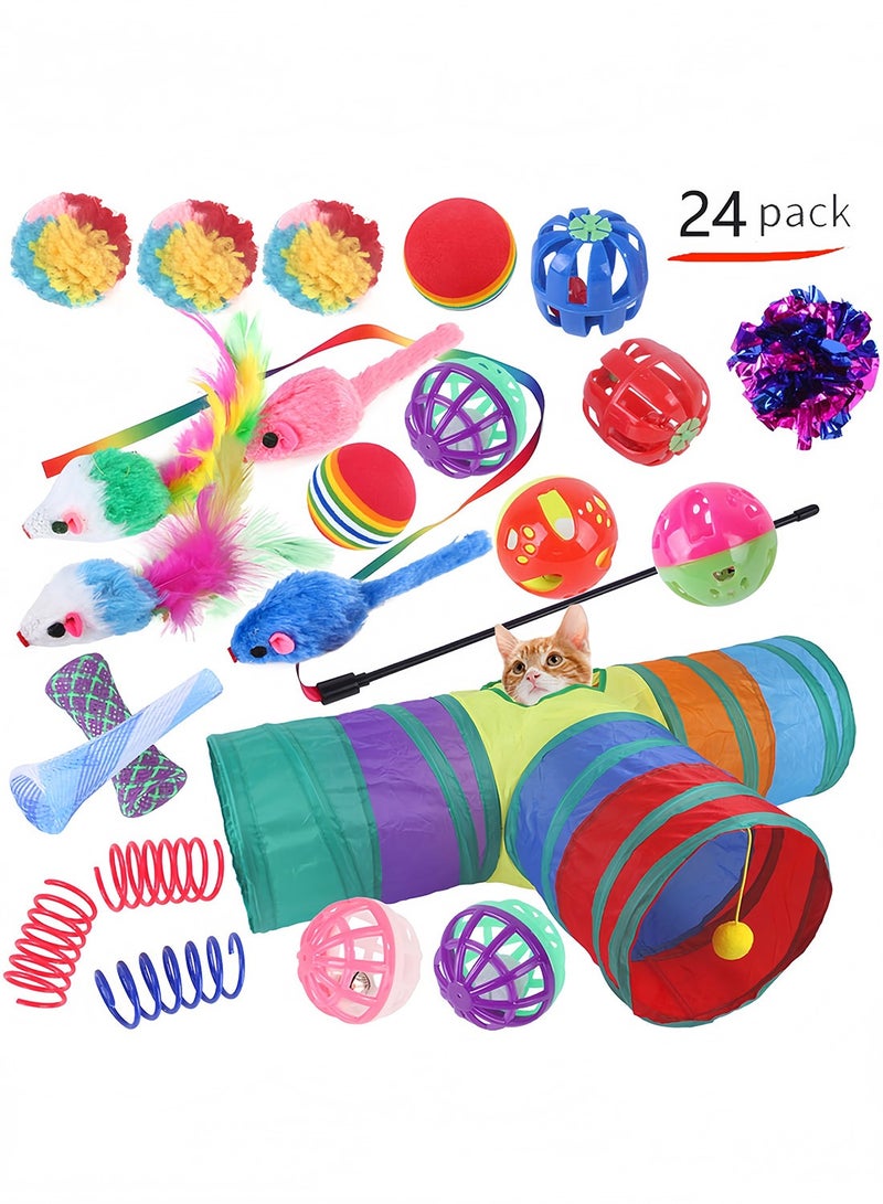 كيدل مجموعة ألعاب تفاعلية للقطط مكونة من 24 قطعة، مناسبة للقطط الصغيرة المنزلية، تتضمن ألعاب مطاردة وتمرين، بالإضافة إلى نفق للقطط. - Image 1
